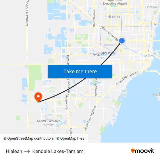 Hialeah to Kendale Lakes-Tamiami map