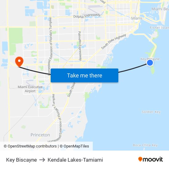 Key Biscayne to Kendale Lakes-Tamiami map