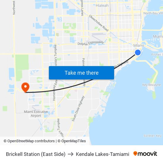 Brickell Station (East Side) to Kendale Lakes-Tamiami map