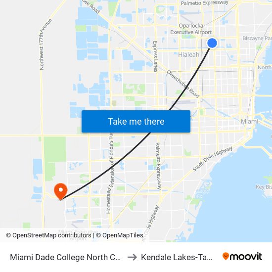 Miami Dade College North Campus to Kendale Lakes-Tamiami map