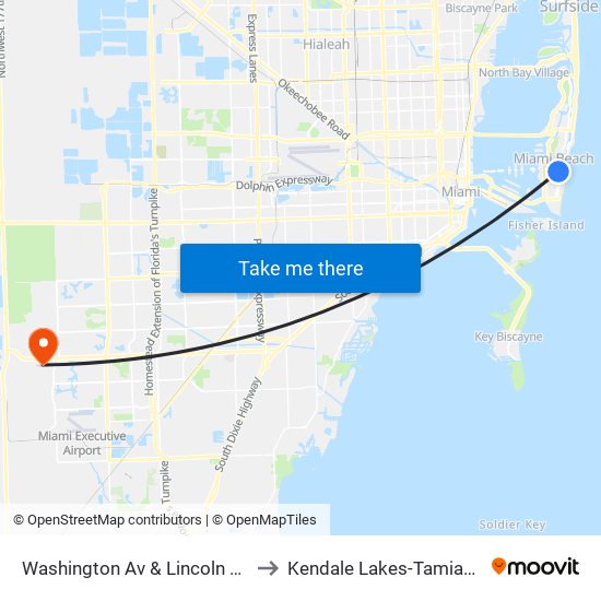 Washington Av & Lincoln Rd to Kendale Lakes-Tamiami map