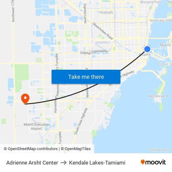 Adrienne Arsht Center to Kendale Lakes-Tamiami map