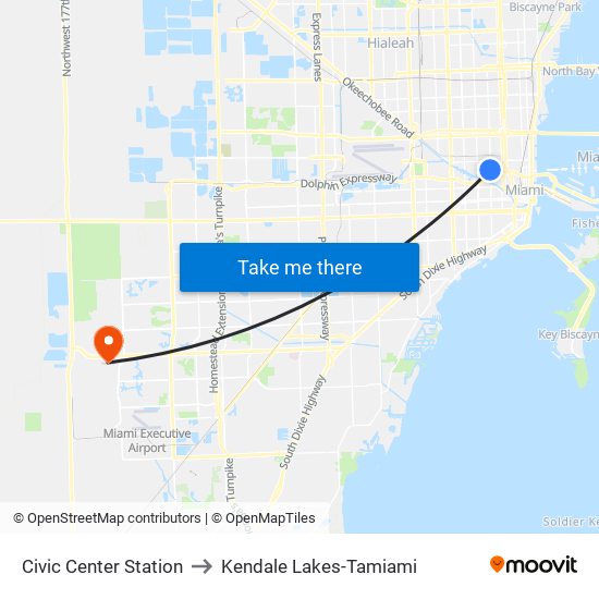 Civic Center Station to Kendale Lakes-Tamiami map