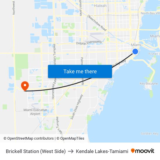 Brickell Station (West Side) to Kendale Lakes-Tamiami map