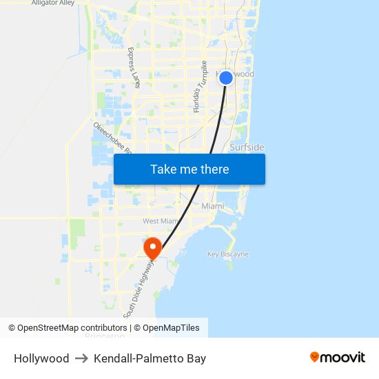 Hollywood to Kendall-Palmetto Bay map