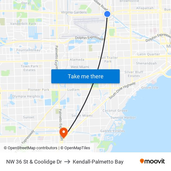 NW 36 St & Coolidge Dr to Kendall-Palmetto Bay map