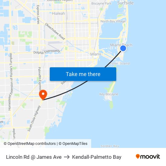 Lincoln Rd @ James Ave to Kendall-Palmetto Bay map