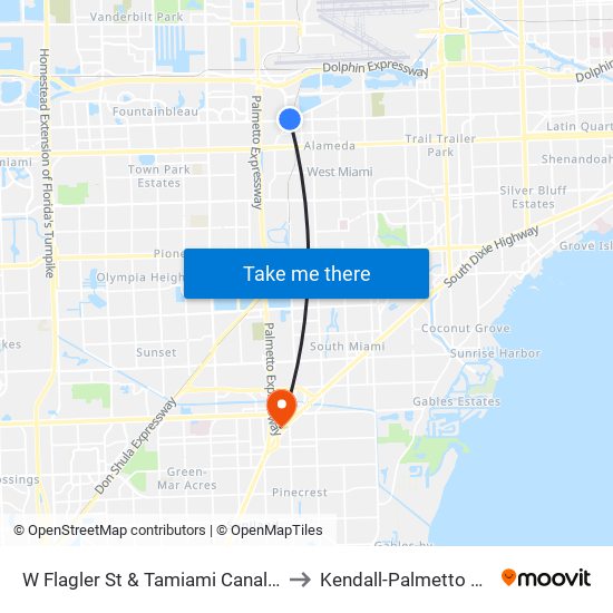 W Flagler St & Tamiami Canal Rd to Kendall-Palmetto Bay map