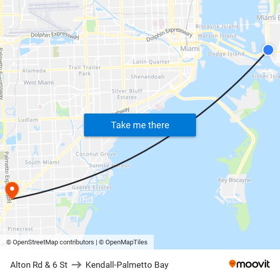 Alton Rd & 6 St to Kendall-Palmetto Bay map