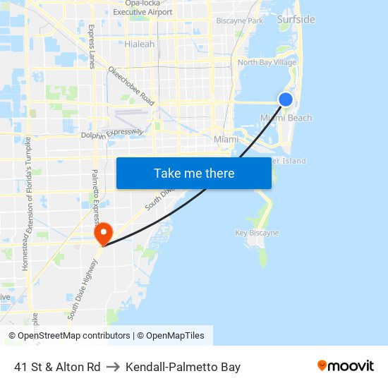 41 St & Alton Rd to Kendall-Palmetto Bay map