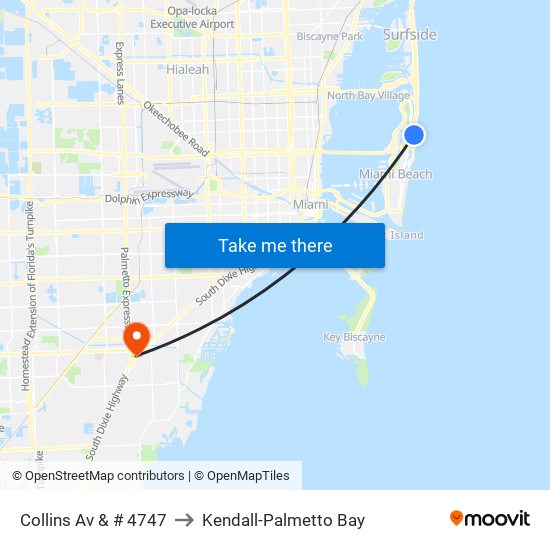 Collins Av & # 4747 to Kendall-Palmetto Bay map