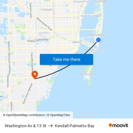 Washington Av & 13 St to Kendall-Palmetto Bay map