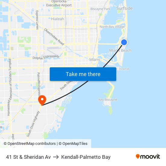 41 St & Sheridan Av to Kendall-Palmetto Bay map