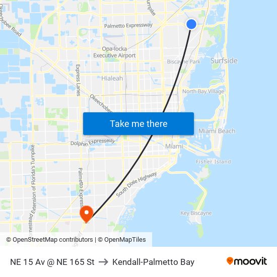 NE 15 Av @ NE 165 St to Kendall-Palmetto Bay map