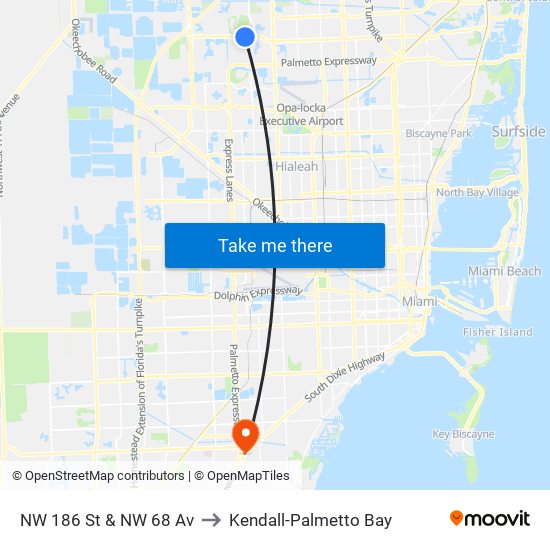 NW 186 St & NW 68 Av to Kendall-Palmetto Bay map