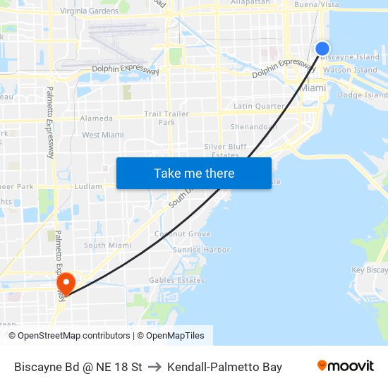 Biscayne Bd @ NE 18 St to Kendall-Palmetto Bay map