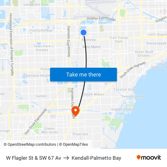 W Flagler St & SW 67 Av to Kendall-Palmetto Bay map