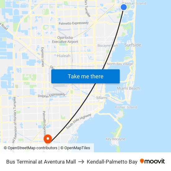 Bus Terminal at Aventura Mall to Kendall-Palmetto Bay map