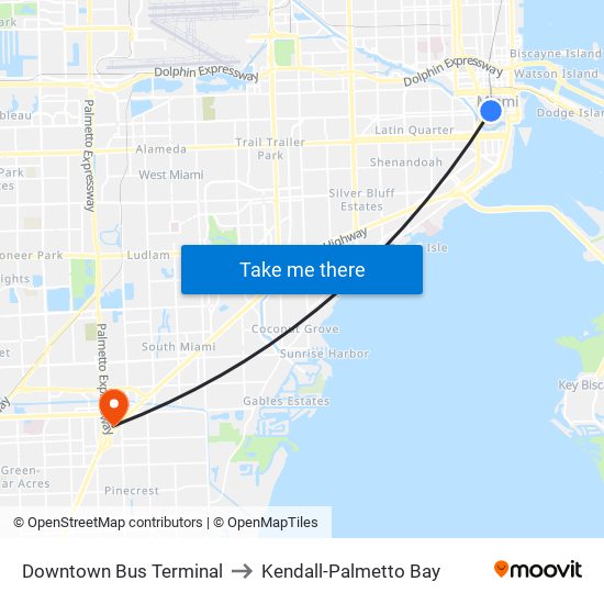 Downtown Bus Terminal to Kendall-Palmetto Bay map