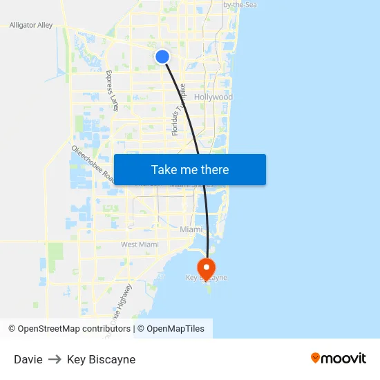 Davie to Key Biscayne map