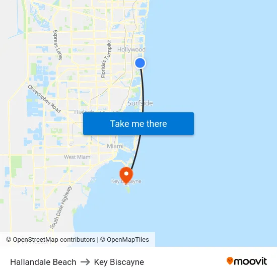 Hallandale Beach to Key Biscayne map