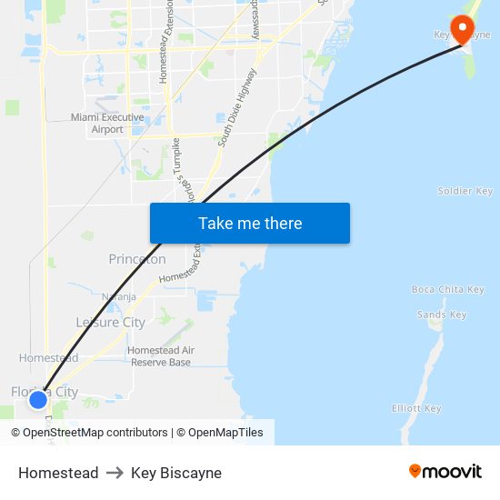 Homestead to Key Biscayne map