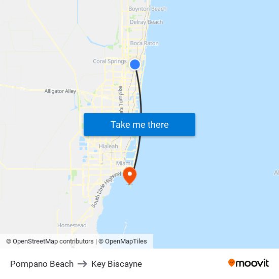 Pompano Beach to Key Biscayne map