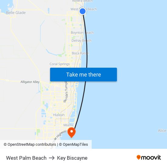 West Palm Beach to Key Biscayne map