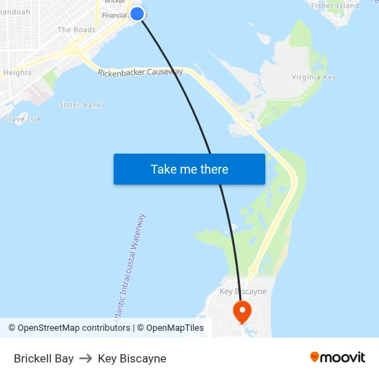 Brickell Bay to Key Biscayne map