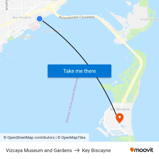 Vizcaya Museum and Gardens to Key Biscayne map