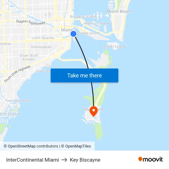 InterContinental Miami to Key Biscayne map
