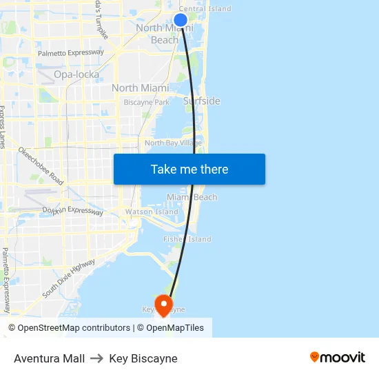 Aventura Mall to Key Biscayne map