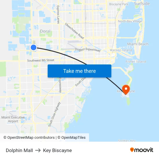 Dolphin Mall to Key Biscayne map