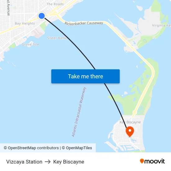 Vizcaya Station to Key Biscayne map