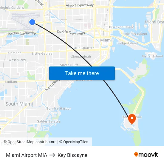 Miami Airport MIA to Key Biscayne map