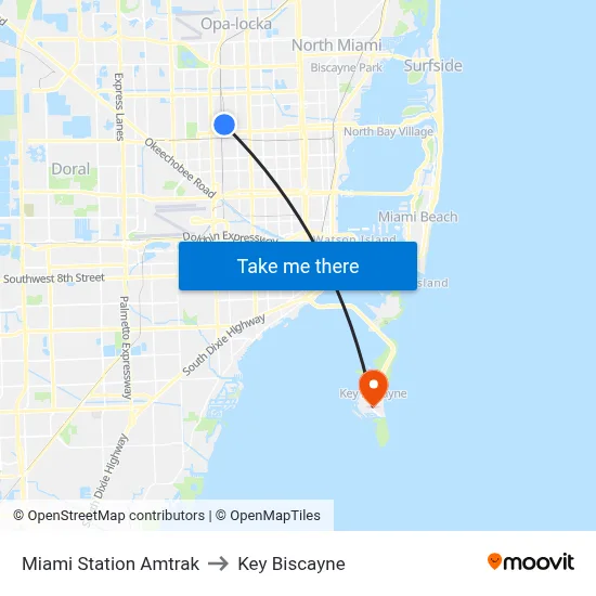 Miami Station Amtrak to Key Biscayne map