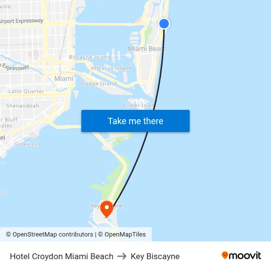Hotel Croydon Miami Beach to Key Biscayne map
