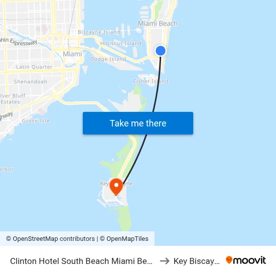 Clinton Hotel South Beach Miami Beach to Key Biscayne map