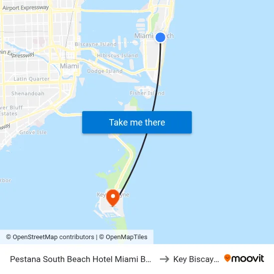 Pestana South Beach Hotel Miami Beach to Key Biscayne map