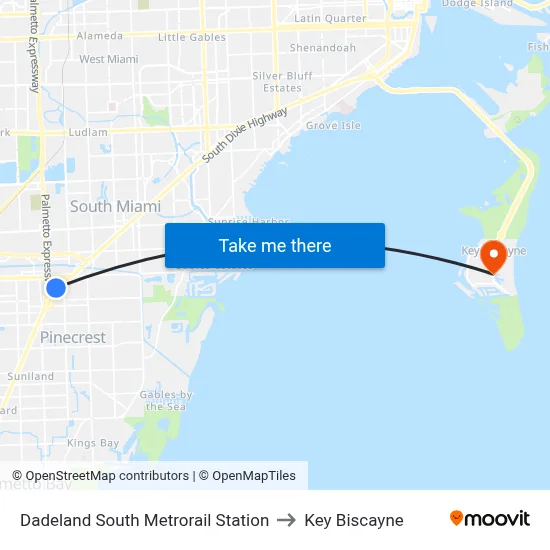 Dadeland South Metrorail Station to Key Biscayne map