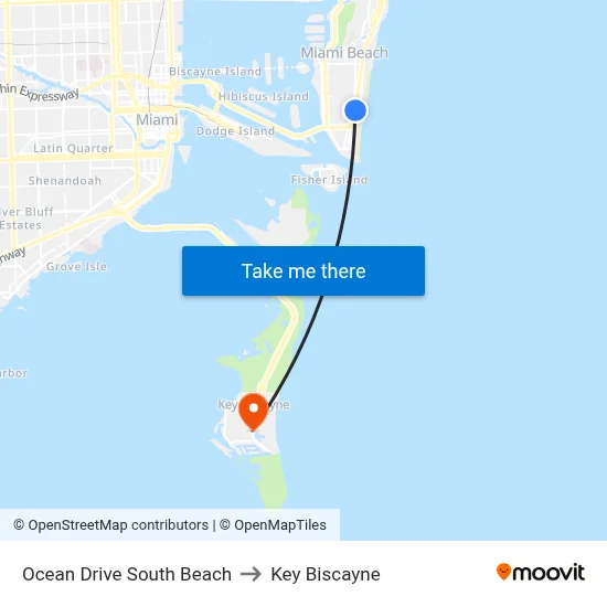 Ocean Drive South Beach to Key Biscayne map