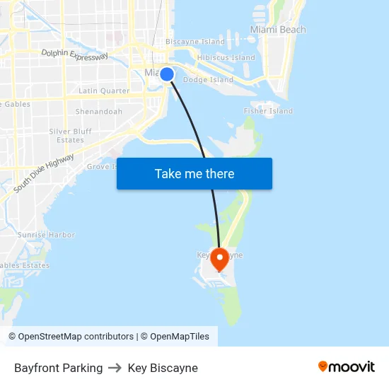 Bayfront Parking to Key Biscayne map