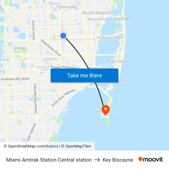 Miami Amtrak Station Central station to Key Biscayne map