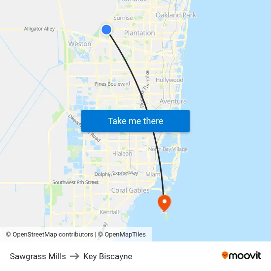 Sawgrass Mills to Key Biscayne map