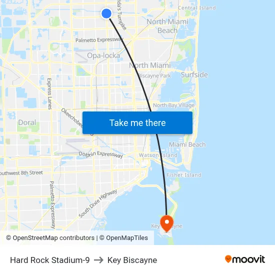 Hard Rock Stadium-9 to Key Biscayne map