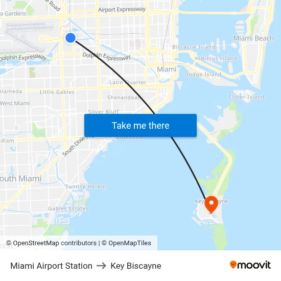 Miami Airport Station to Key Biscayne map