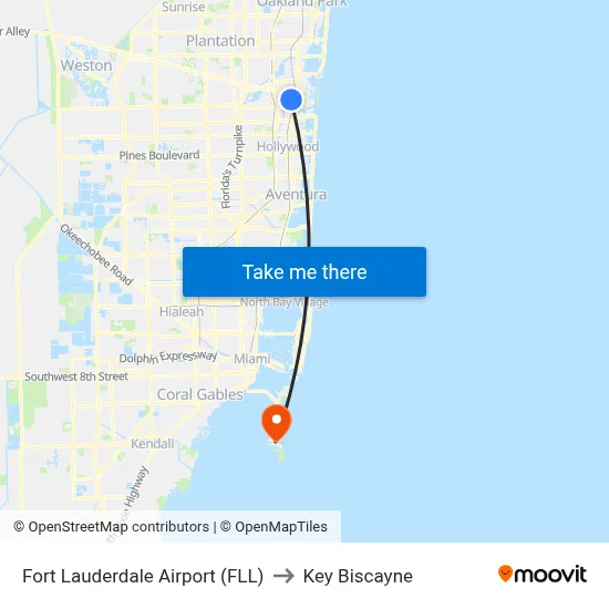 Fort Lauderdale Airport (FLL) to Key Biscayne map