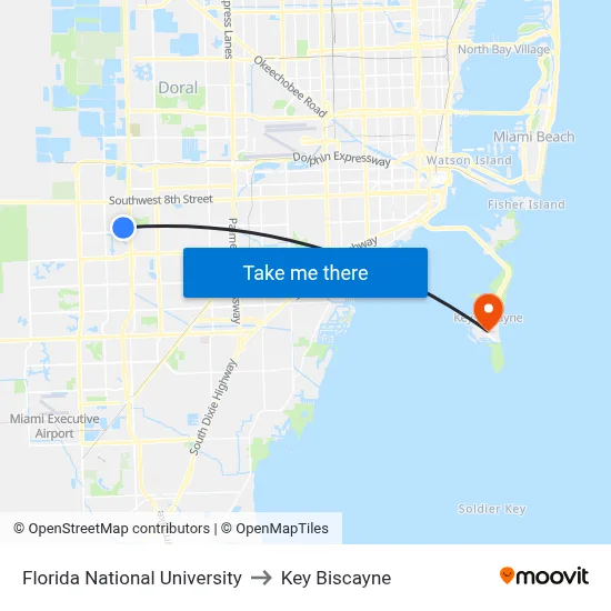 Florida National University to Key Biscayne map