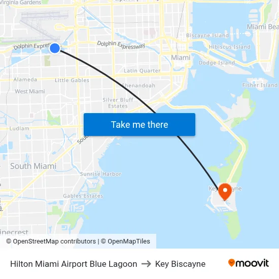 Hilton Miami Airport Blue Lagoon to Key Biscayne map