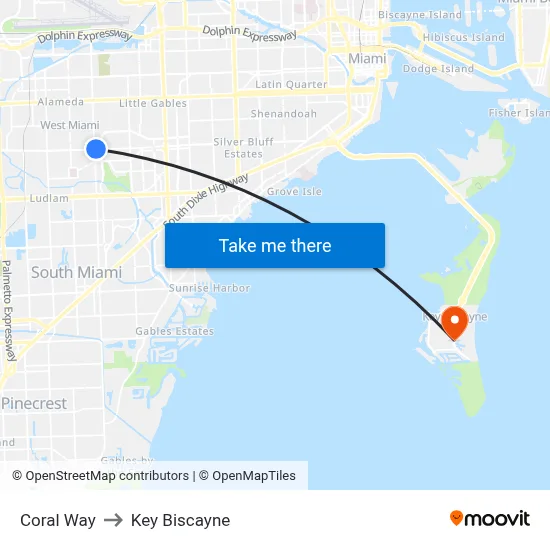 Coral Way to Key Biscayne map